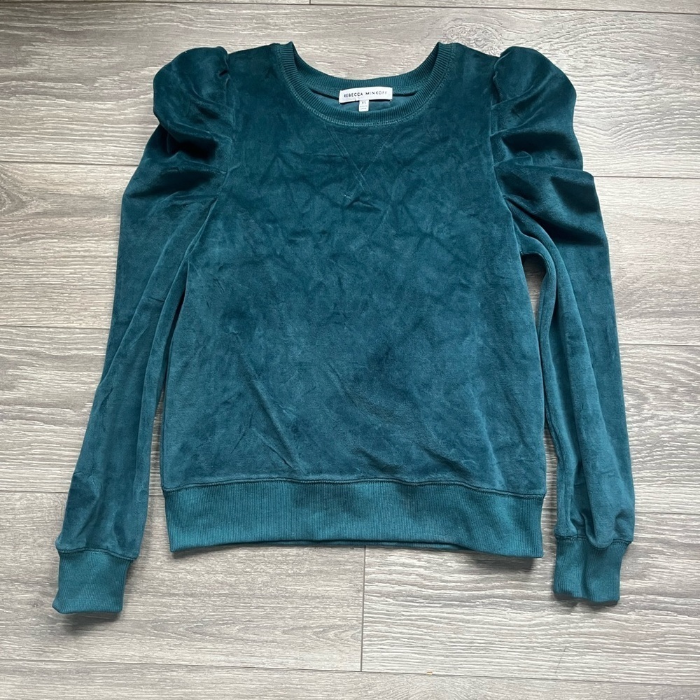 Rebecca Minkoff Teal Blue Green Long Puff Sleeve Velvet Velour Sweater Size XS